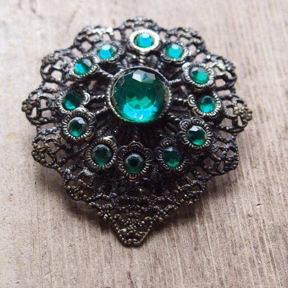 Vintage Jewelry - Old Ornate Brass Filigree Green Czech Glass Brooch